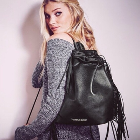 Victoria's Secret Handbags - Victoria's secret black fringe bucket backpack
